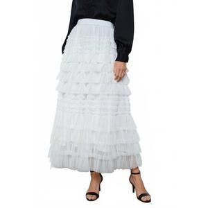 NEW INA FASHION high-waisted tiered ruffled tulle maxi skirt in white